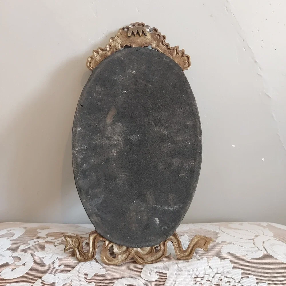 Vintage Ornate Oval Vanity Mirror Bronze Cast Metal Shell Ribbon Bow 14x7.75in